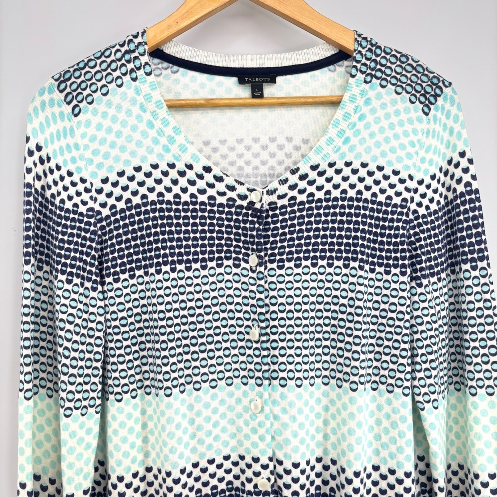 Talbots Women Cardigan Sweater Navy Teal Polka Dot Stripe Button Up Size Large - Picture 3 of 8